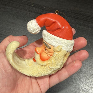 Crescent Moon Santa Face Christmas Resin Ornament Red Hat Rustic Cabincore Cozy